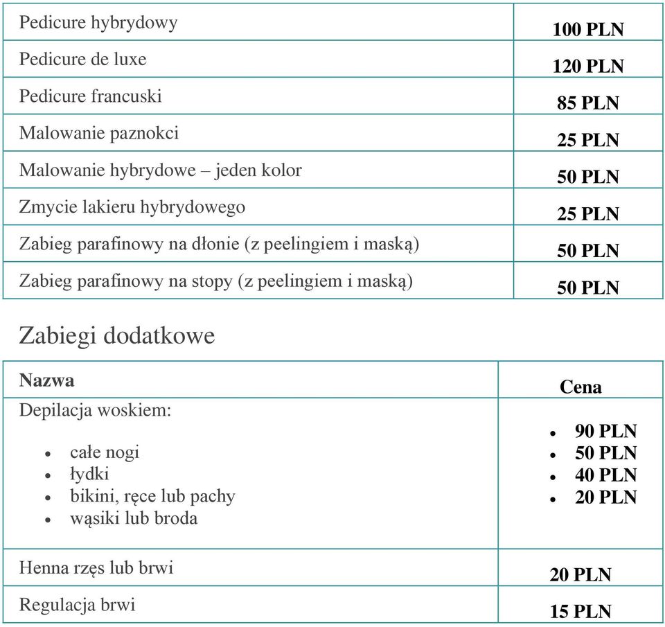 na stopy (z peelingiem i maską) 85 PLN 25 PLN 25 PLN Zabiegi dodatkowe Depilacja woskiem: całe nogi