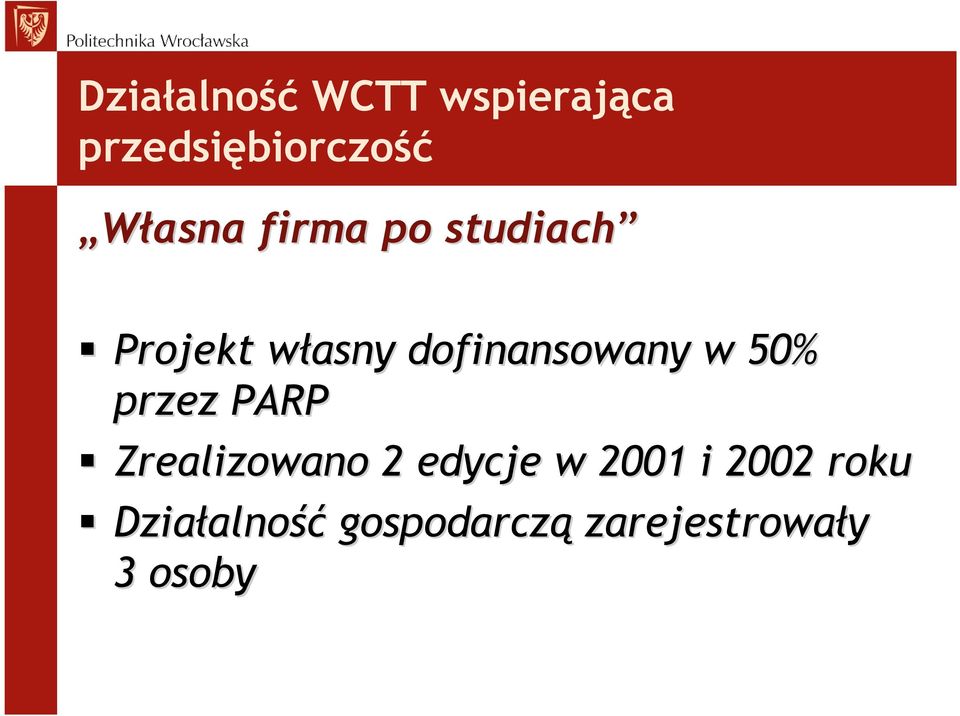 dofinansowany w 50% przez PARP Zrealizowano 2 edycje