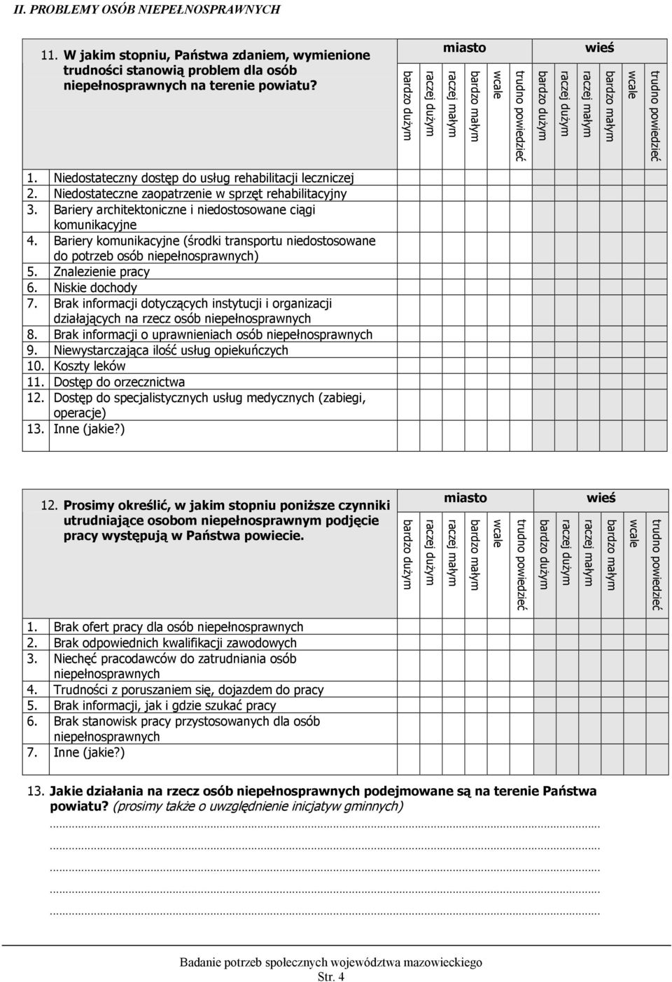 Bariery komunikacyjne (środki transportu niedostosowane do potrzeb osób niepełnosprawnych) 5. Znalezienie pracy 6. Niskie dochody 7.