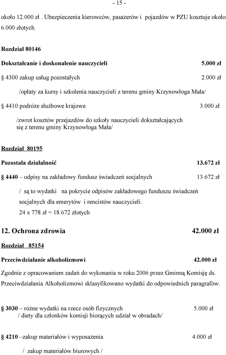 000 zł /zwrot kosztów przejazdów do szkoły nauczycieli dokształcających się z terenu gminy Krzynowłoga Mała/ Rozdział 80195 Pozostała działalność 13.