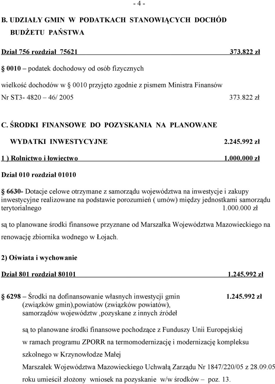 ŚRODKI FINANSOWE DO POZYSKANIA NA PLANOWANE WYDATKI INWESTYCYJNE 2.245.992 zł 1 ) Rolnictwo i łowiectwo 1.000.