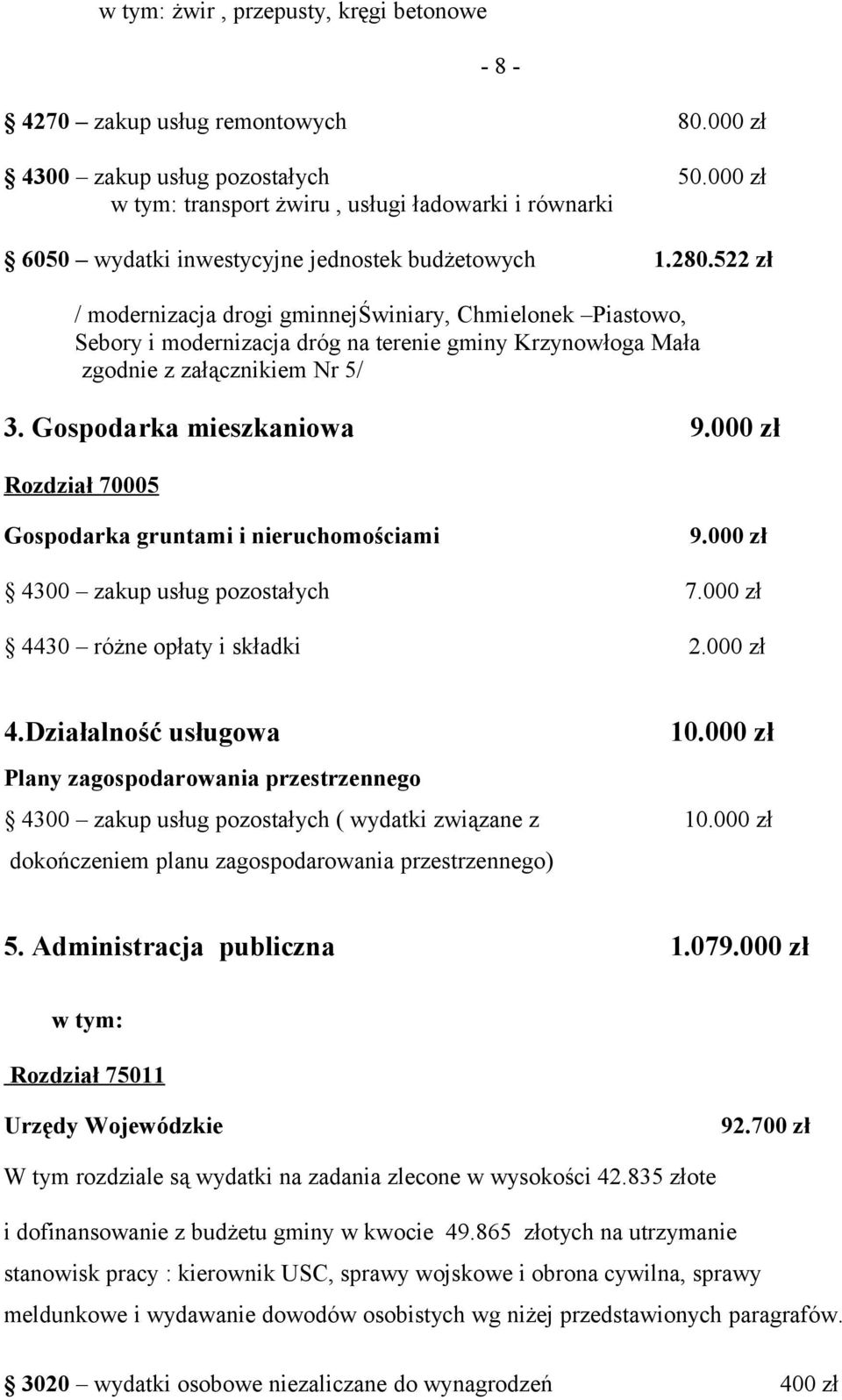 522 zł / modernizacja drogi gminnejświniary, Chmielonek Piastowo, Sebory i modernizacja dróg na terenie gminy Krzynowłoga Mała zgodnie z załącznikiem Nr 5/ 3. Gospodarka mieszkaniowa 9.