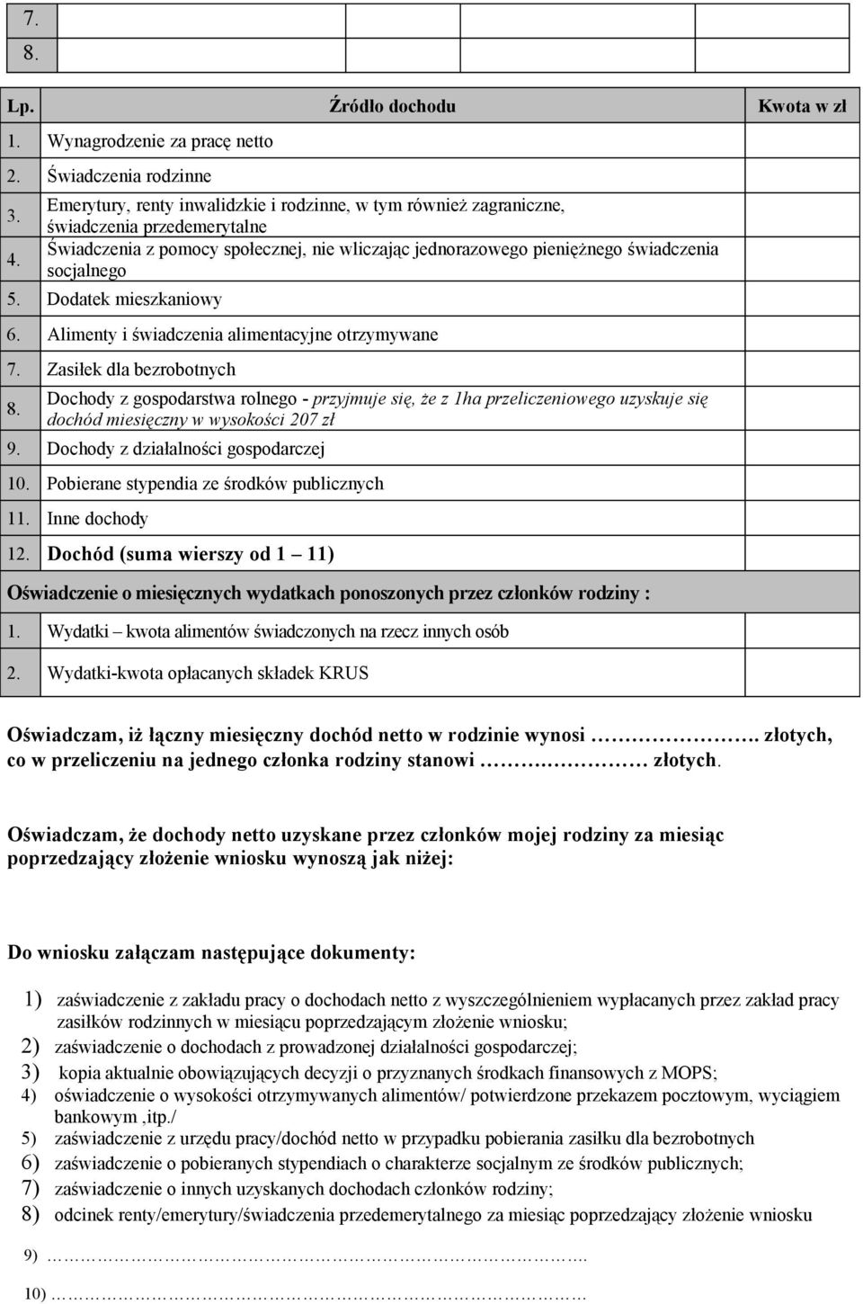 Dodatek mieszkaniowy 6. Alimenty i świadczenia alimentacyjne otrzymywane 7. Zasiłek dla bezrobotnych 8.