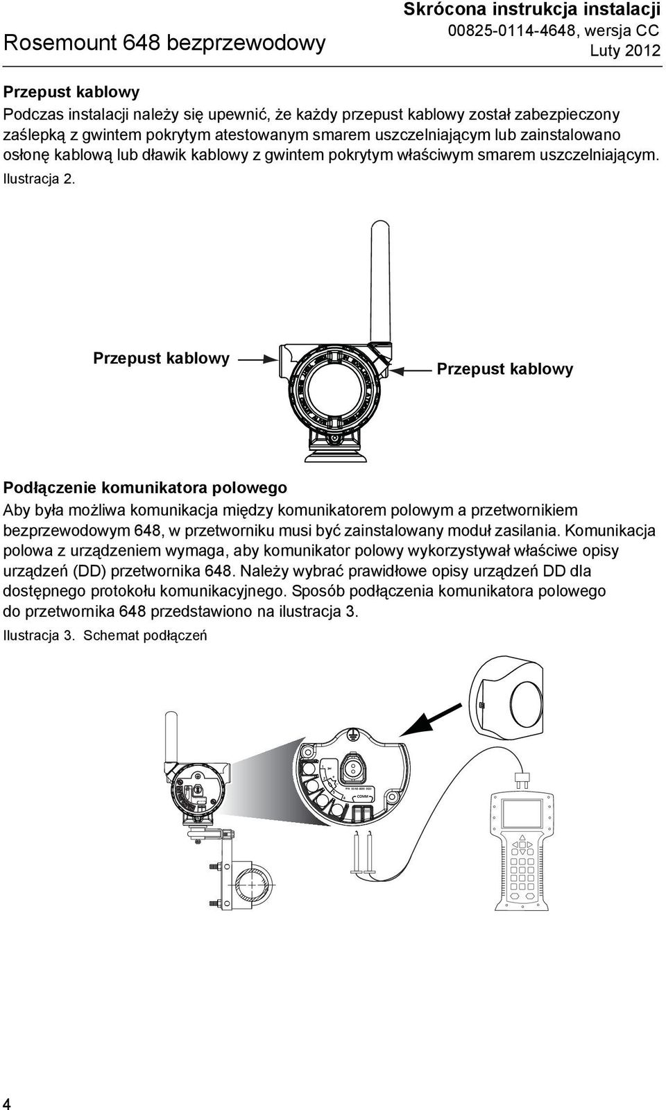 Przepust kablowy Przepust kablowy Podłączenie komunikatora polowego Aby była możliwa komunikacja między komunikatorem polowym a przetwornikiem bezprzewodowym 648, w przetworniku musi być