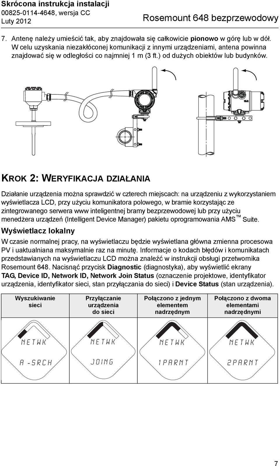 KROK 2: WERYFIKACJA DZIAŁANIA Działanie urządzenia można sprawdzić w czterech miejscach: na urządzeniu z wykorzystaniem wyświetlacza LCD, przy użyciu komunikatora polowego, w bramie korzystając ze