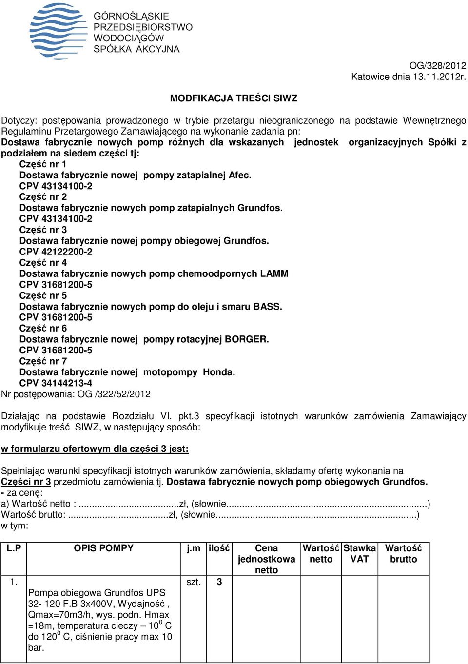 fabrycznie nowych pomp róŝnych dla wskazanych jednostek organizacyjnych Spółki z podziałem na siedem części tj: Część nr 1 Dostawa fabrycznie nowej pompy zatapialnej Afec.