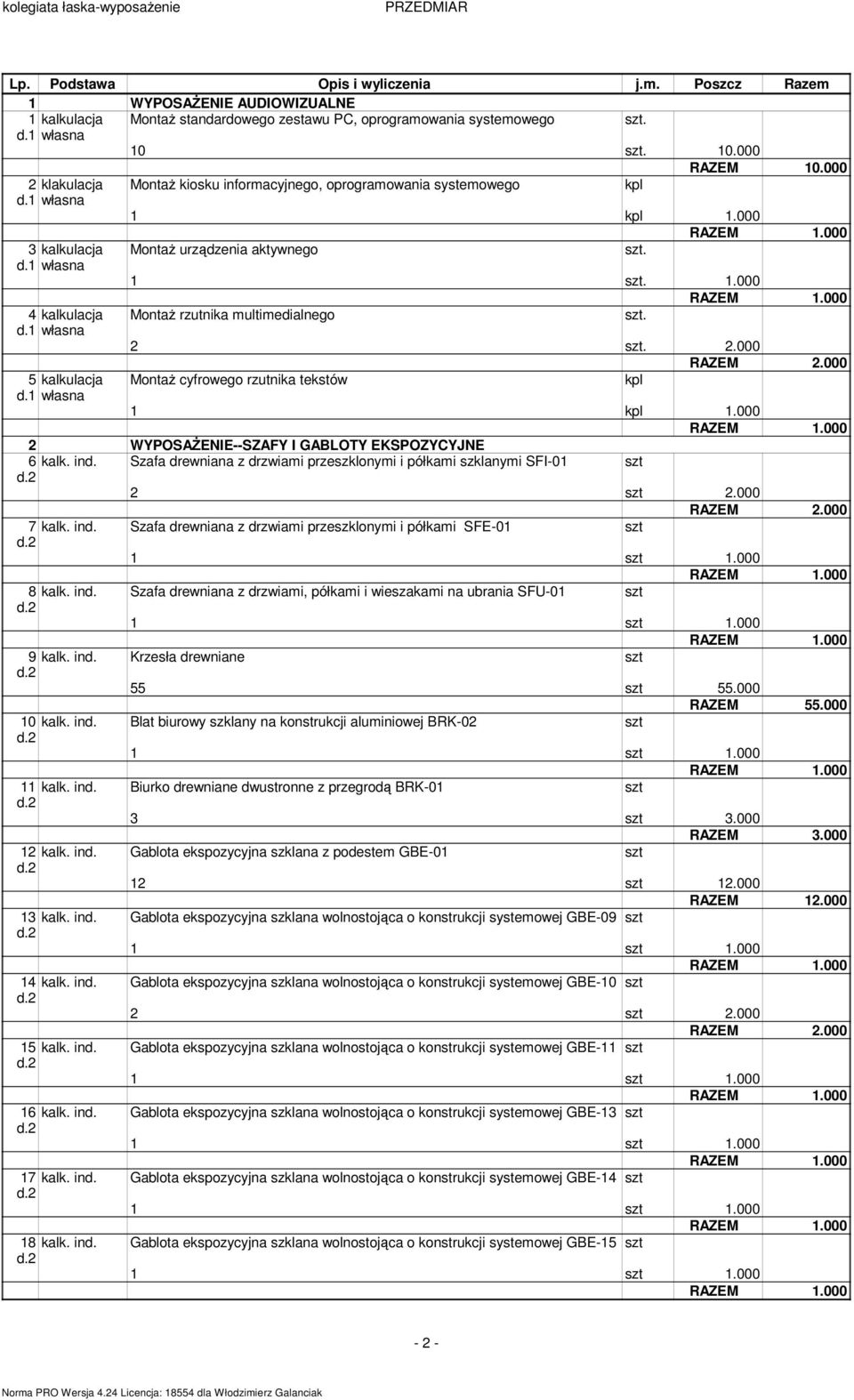 2. 2.000 RAZEM 2.000 MontaŜ cyfrowego rzutnika tekstów 1 1.000 2 WYPOSAśENIE--SZAFY I GABLOTY EKSPOZYCYJNE 6 kalk. ind. Szafa drewniana z drzwiami przeszklonymi i półkami szklanymi SFI-01 2 2.