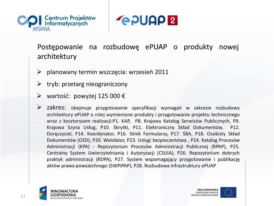 Krajowy Katalog Serwisów Publicznych, P9. Krajowa Szyna Usług, P10. Skrytki, P11. Elektroniczny Skład Dokumentów, P12. Doręczyciel, P14. Koordynator, P16. Silnik Formularzy, P17. ŚBA, P18.