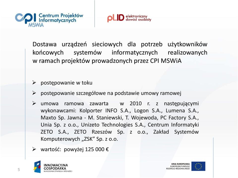 z następującymi wykonawcami: Kolporter INFO S.A., Logon S.A., Lumena S.A., Maxto Sp. Jawna - M. Staniewski, T. Wojewoda, PC Factory S.A., Unia Sp.