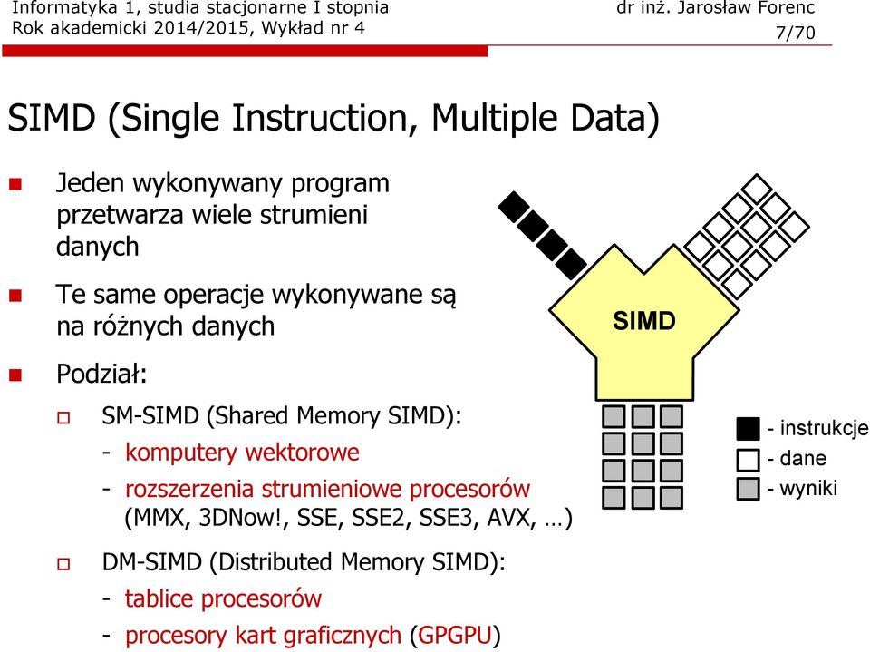 Memory SIMD): - komputery wektorowe - rozszerzenia strumieniowe procesorów (MMX, 3DNow!