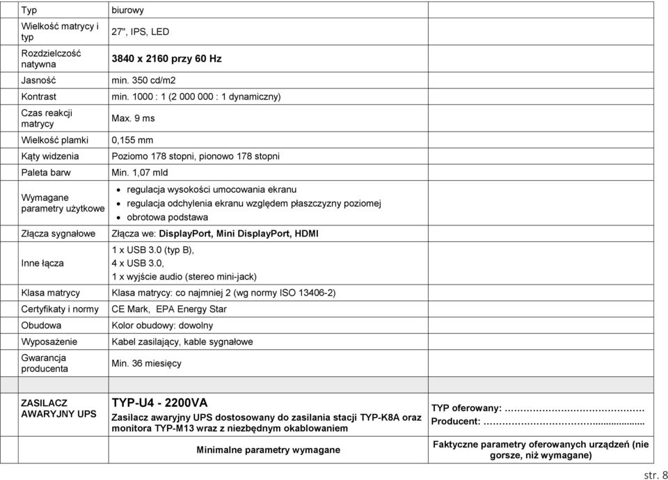 1,07 mld regulacja wysokości umocowania ekranu regulacja odchylenia ekranu względem płaszczyzny poziomej obrotowa podstawa Złącza we: DisplayPort, Mini DisplayPort, HDMI 1 x USB 3.