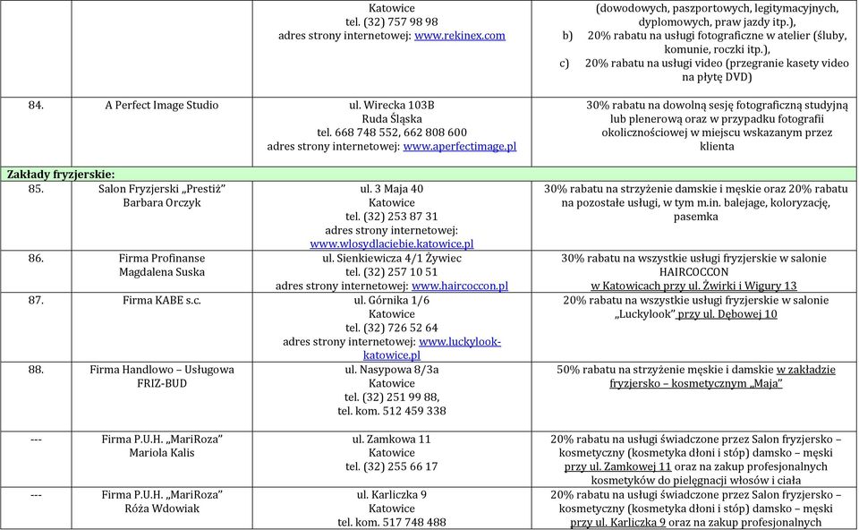 haircoccon.pl 87. Firma KABE s.c. ul. Górnika 1/6 tel. (32) 726 52 64 www.luckylookkatowice.pl 88. Firma Handlowo Usługowa FRIZ-BUD ul. Nasypowa 8/3a tel. (32) 251 99 88, tel. kom.