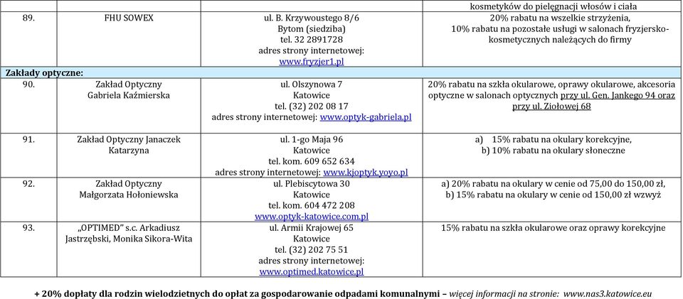 oprawy okularowe, akcesoria optyczne w salonach optycznych przy ul. Gen. Jankego 94 oraz przy ul. Ziołowej 68 91. Zakład Optyczny Janaczek Katarzyna 92. Zakład Optyczny Małgorzata Hołoniewska 93.