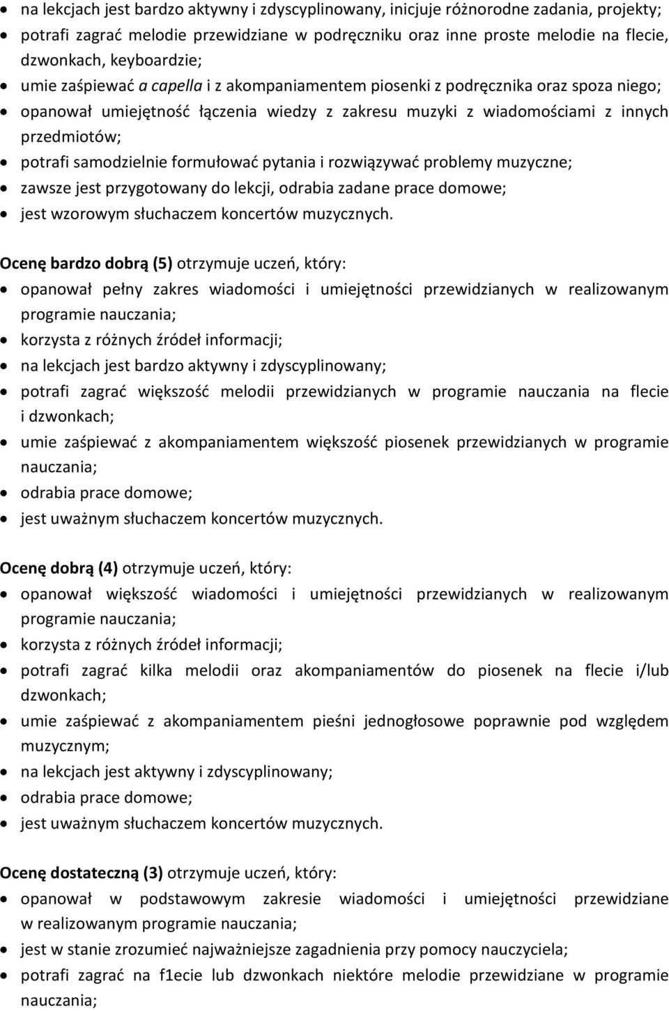 formułować pytania i rozwiązywać problemy muzyczne; zawsze jest przygotowany do lekcji, odrabia zadane prace domowe; jest wzorowym słuchaczem koncertów muzycznych.