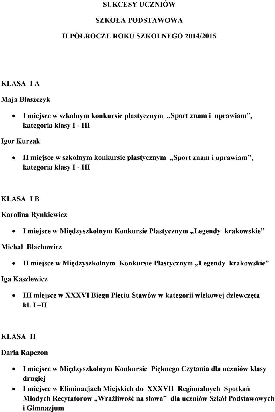 Międzyszkolnym Konkursie Plastycznym Legendy krakowskie Iga Kaszlewicz III miejsce w XXXVI Biegu Pięciu Stawów w kategorii wiekowej dziewczęta kl.