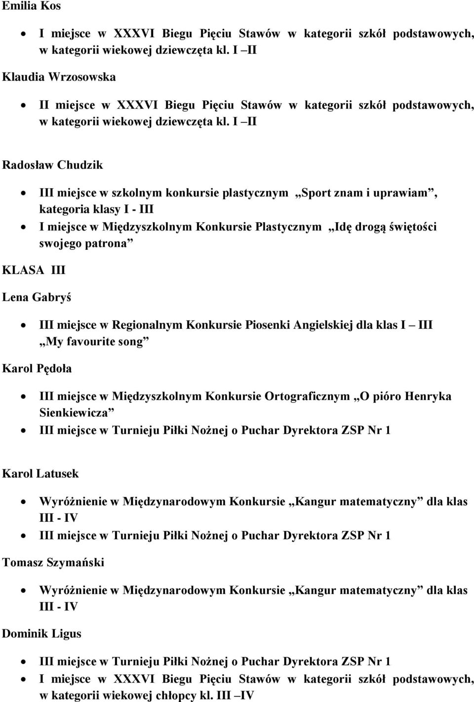 I II Radosław Chudzik III miejsce w szkolnym konkursie plastycznym Sport znam i uprawiam, I miejsce w Międzyszkolnym Konkursie Plastycznym Idę drogą świętości swojego patrona KLASA III Lena Gabryś