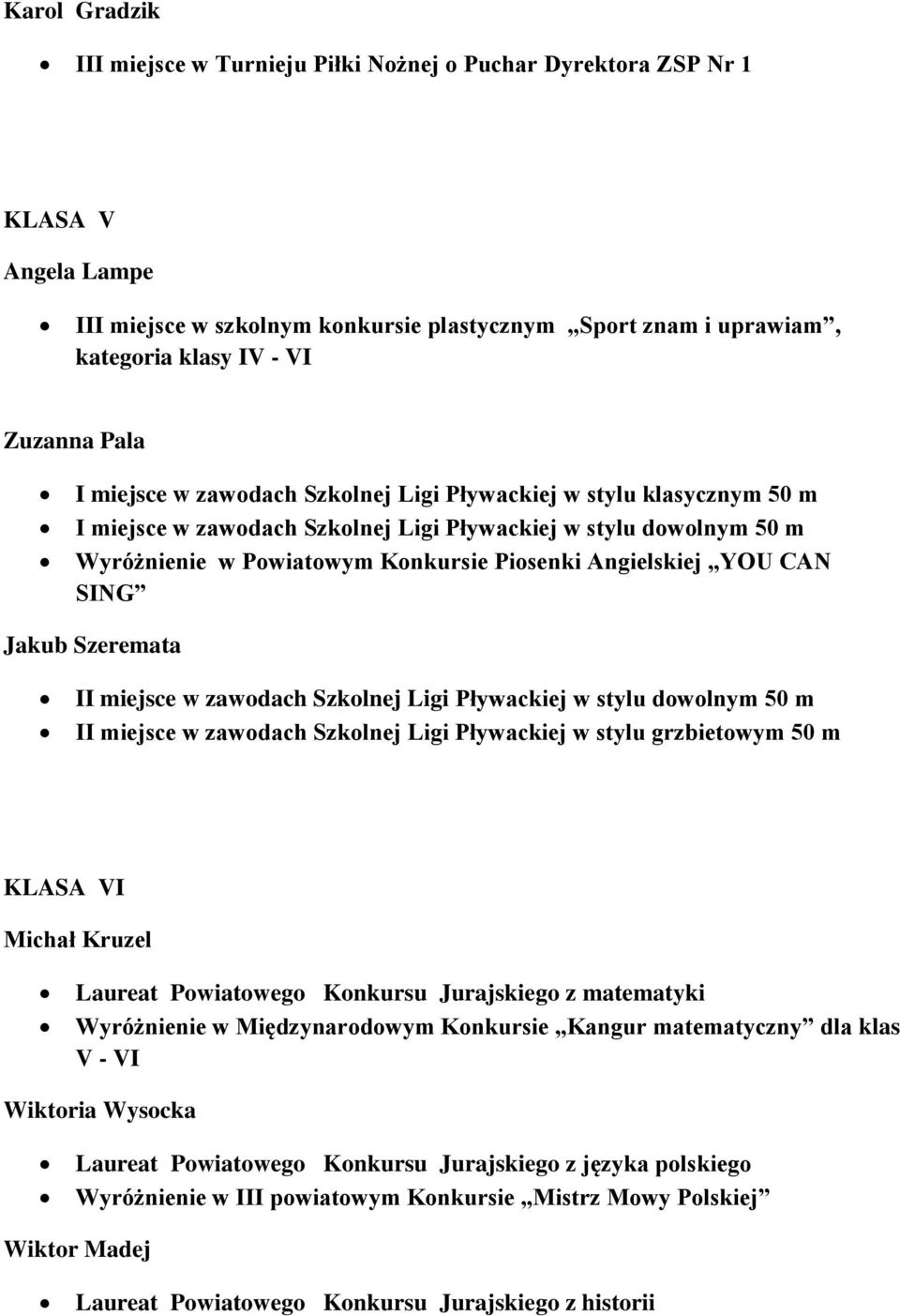 Jakub Szeremata II miejsce w zawodach Szkolnej Ligi Pływackiej w stylu dowolnym 50 m II miejsce w zawodach Szkolnej Ligi Pływackiej w stylu grzbietowym 50 m KLASA VI Michał Kruzel Laureat Powiatowego