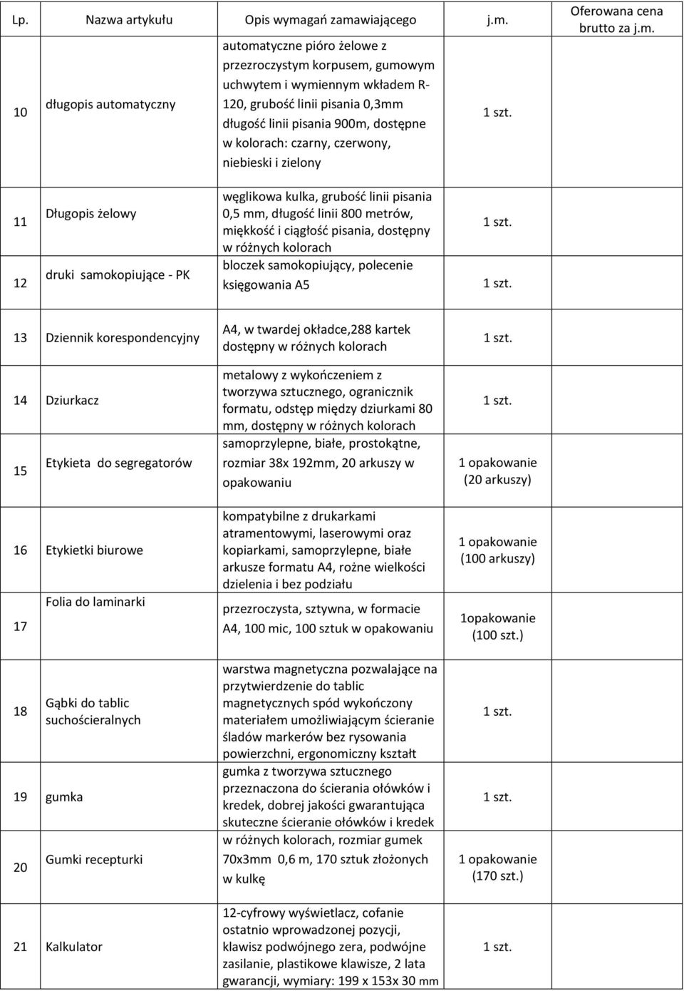 bloczek samokopiujący, polecenie księgowania A5 13 Dziennik korespondencyjny 14 Dziurkacz 15 Etykieta do segregatorów 16 Etykietki biurowe 17 18 Folia do laminarki Gąbki do tablic suchościeralnych 19