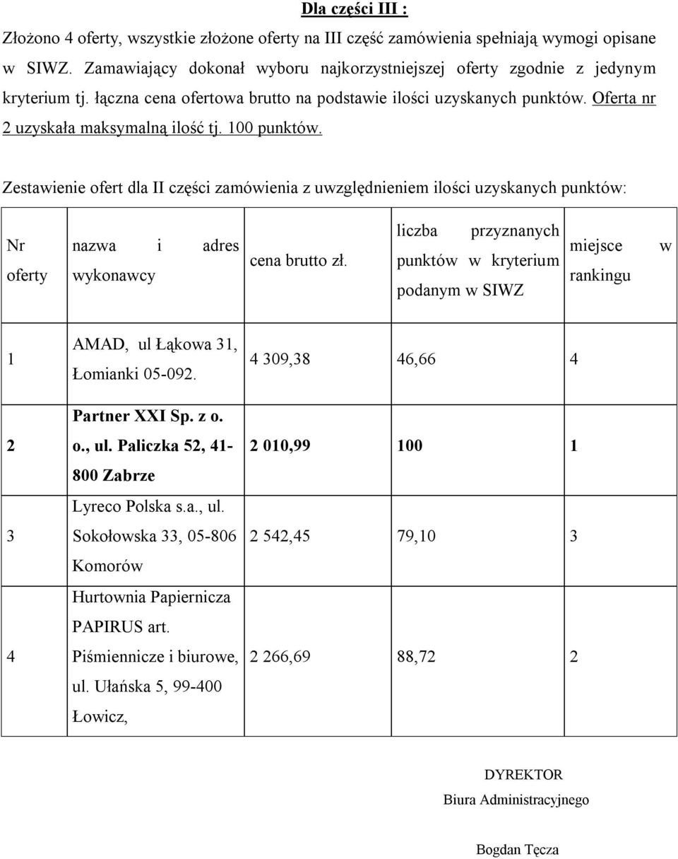 100 punktów. Zestawienie ofert dla II części zamówienia z uwzględnieniem ilości uzyskanych punktów: Nr oferty nazwa i adres wykonawcy cena brutto zł.