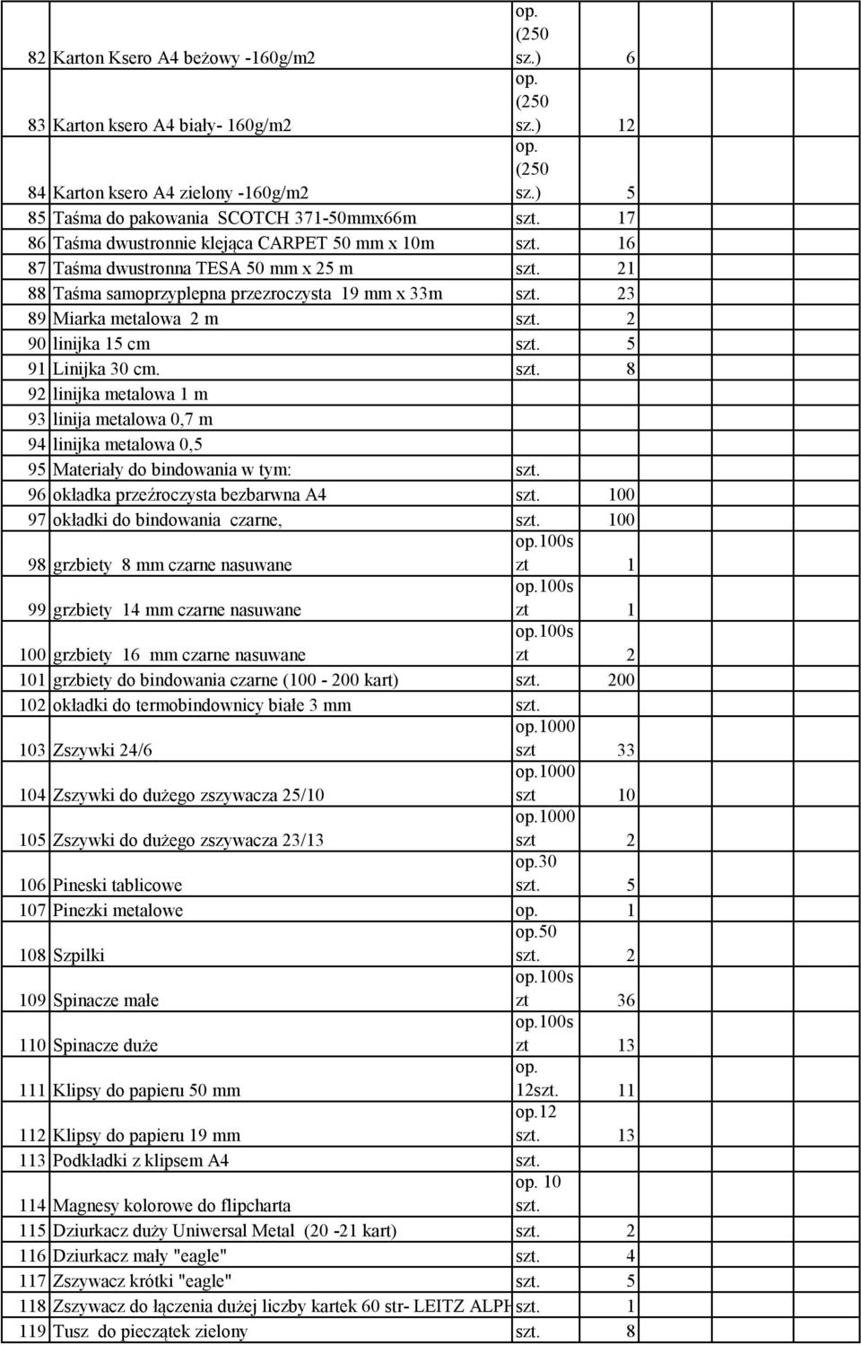 2 90 linijka 15 cm szt. 5 91 Linijka 30 cm. szt. 8 92 linijka metalowa 1 m 93 linija metalowa 0,7 m 94 linijka metalowa 0,5 95 Materiały do bindowania w tym: szt.