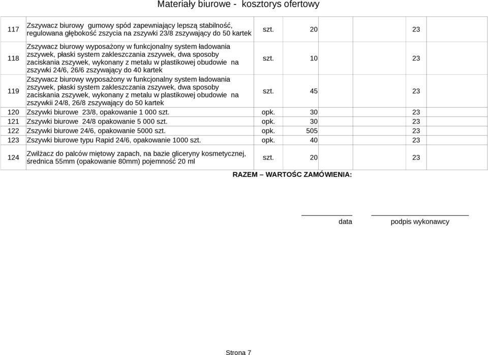 zaciskania zszywek, wykonany z metalu w plastikowej obudowie na szt.