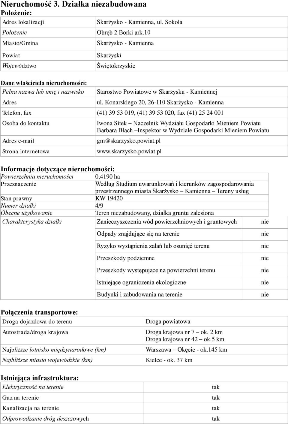 ruchomości 0,4190 ha Przeznacze przestrzennego miasta Skarżysko Kamienna Tereny usług Stan prawny KW 19420 Numer działki 4/9 Obecne użytkowa Teren zabudowany, działka gruntu zalesiona Charakterystyka