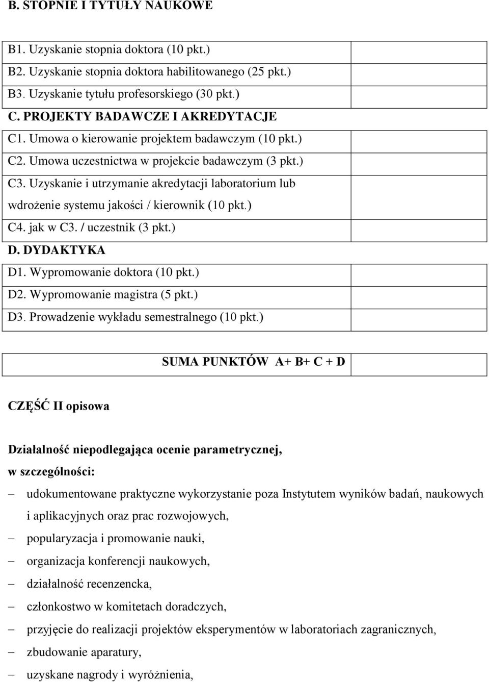 Uzyskanie i utrzymanie akredytacji laboratorium lub wdrożenie systemu jakości / kierownik (10 pkt.) C4. jak w C3. / uczestnik (3 pkt.) D. DYDAKTYKA D1. Wypromowanie doktora (10 pkt.) D2.