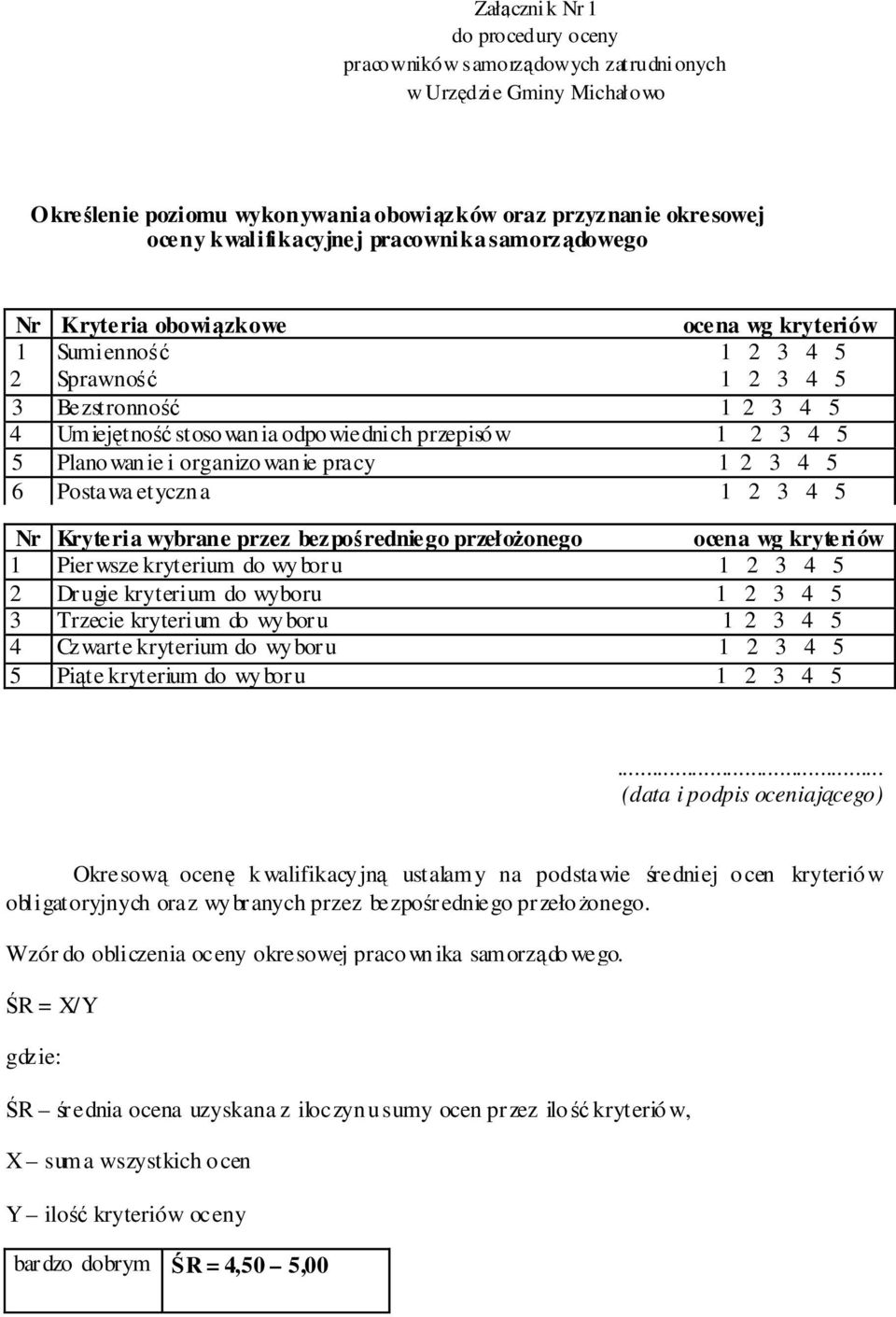 organizowanie pracy 1 2 3 4 5 6 Postawa etyczna 1 2 3 4 5 Nr Kryteria wybrane przez bezporedniego przełoonego ocena wg kryteriów 1 Pierwsze kryterium do wyboru 1 2 3 4 5 2 Drugie kryterium do wyboru