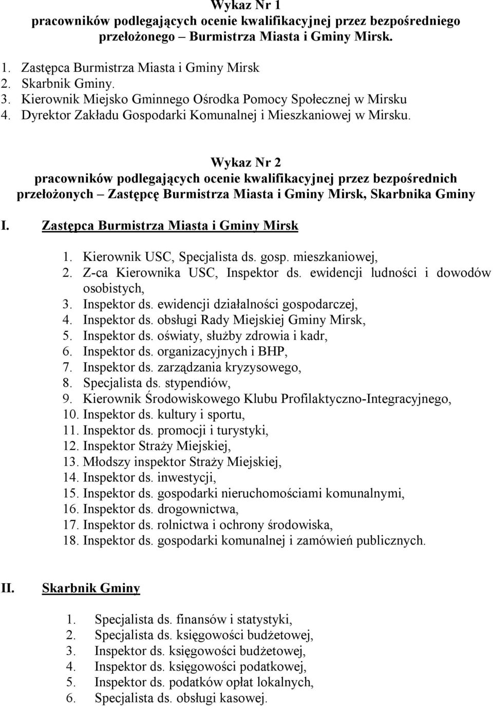 Wykaz Nr 2 pracowników podlegających ocenie kwalifikacyjnej przez bezpośrednich przełożonych Zastępcę Burmistrza Miasta i Gminy Mirsk, Skarbnika Gminy I. Zastępca Burmistrza Miasta i Gminy Mirsk 1.