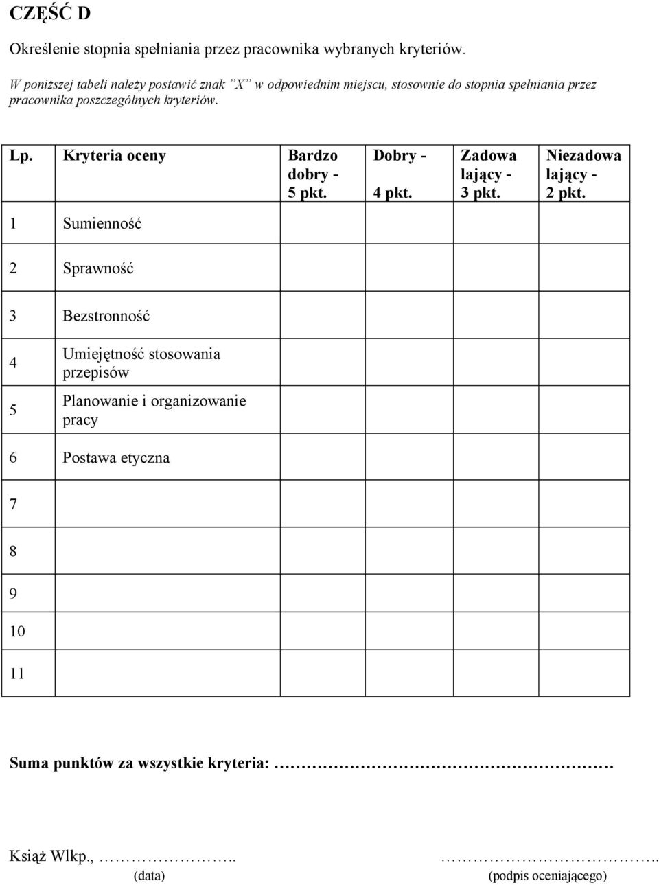 kryteriów. Lp. Kryteria oceny Bardzo dobry - 5 pkt. Dobry - 4 pkt. Zadowa lający - 3 pkt. Niezadowa lający - 2 pkt.