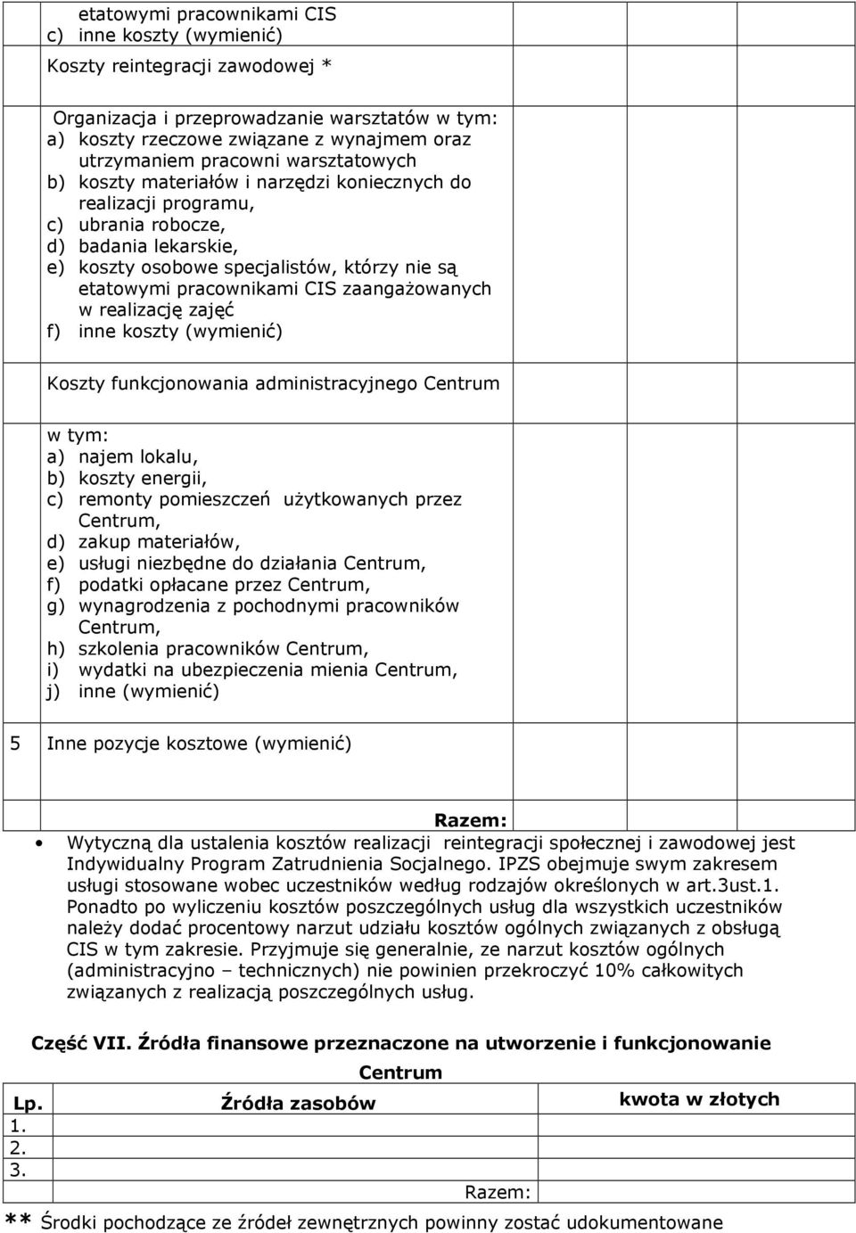 zaangaŝowanych w realizację zajęć f) inne koszty (wymienić) Koszty funkcjonowania administracyjnego Centrum w tym: a) najem lokalu, b) koszty energii, c) remonty pomieszczeń uŝytkowanych przez