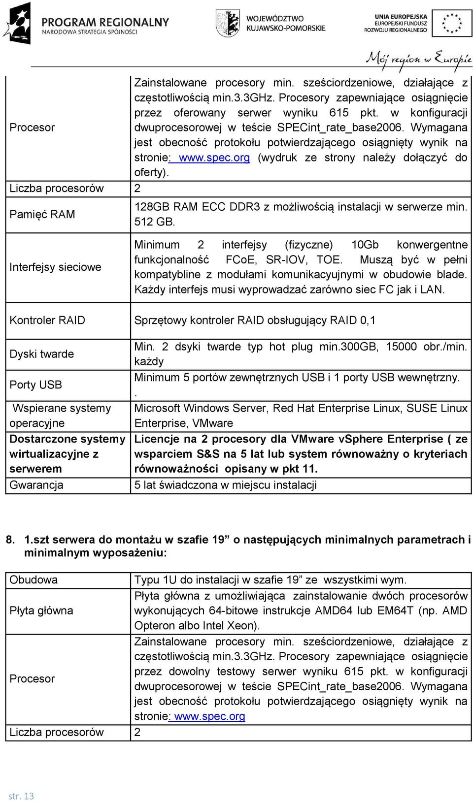 org (wydruk ze strony należy dołączyć do oferty). Liczba procesorów 2 Pamięć RAM Interfejsy sieciowe 128GB RAM ECC DDR3 z możliwością instalacji w serwerze min. 512 GB.