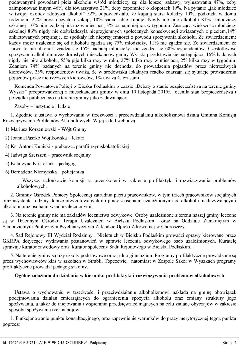 Nigdy nie piło alkoholu 81% młodzieży szkolnej, 10% pije rzadziej niż raz w miesiącu, 3% co najmniej raz w tygodniu.