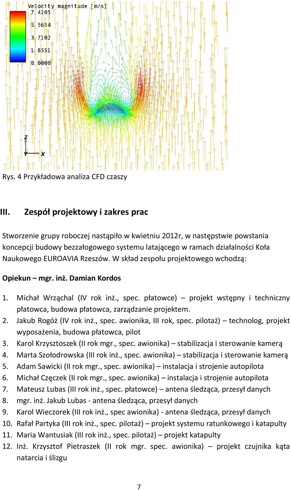 EUROAVIA Rzeszów. W skład zespołu projektowego wchodzą: Opiekun mgr. inż. Damian Kordos 1. Michał Wrząchal (IV rok inż., spec.