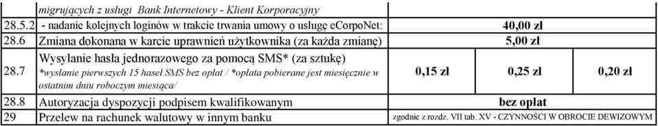 7 Wysyłanie hasła jednorazowego za pomocą SMS* (za sztukę) *wysłanie pierwszych 15 haseł SMS / *opłata pobierane jest miesięcznie w ostatnim