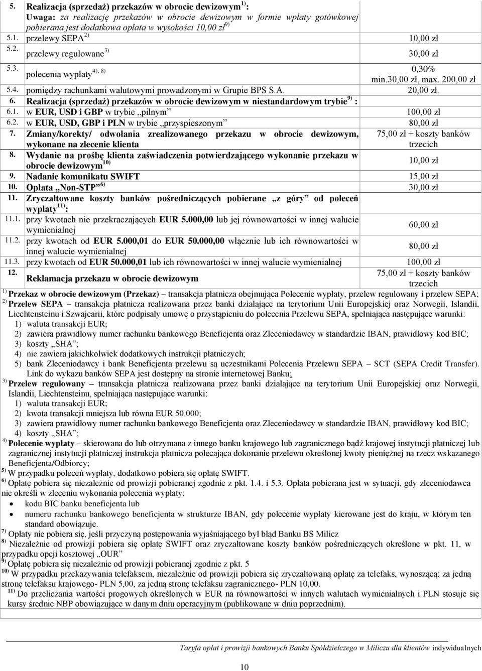 Realizacja (sprzedaż) przekazów w obrocie dewizowym w niestandardowym trybie 9) : 6.1. w EUR, USD i GBP w trybie pilnym 100,00 zł 6.2. w EUR, USD, GBP i PLN w trybie przyspieszonym 80,00 zł 7.