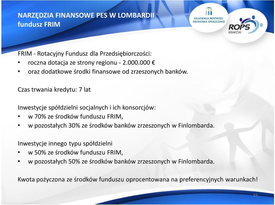 Czas trwania kredytu: 7 lat Inwestycje spółdzielni socjalnych i ich konsorcjów: w 70% ze środków funduszu FRIM, w pozostałych 30% ze środków