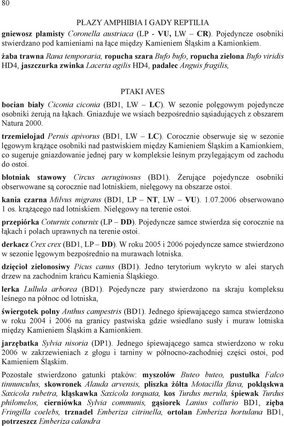 LC). W sezonie polęgowym pojedyncze osobniki żerują na łąkach. Gniazduje we wsiach bezpośrednio sąsiadujących z obszarem Natura 2000. trzemielojad Pernis apivorus (BD1, LW LC).