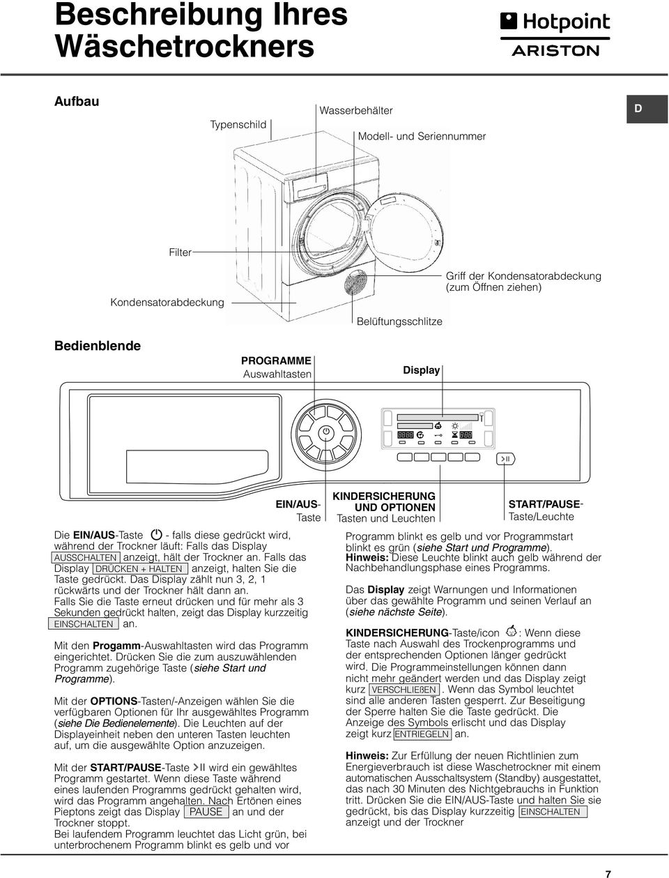 Falls das Display DRÜCKEN + HALTEN anzeigt, halten Sie die Taste gedrückt. Das Display zählt nun 3, 2, 1 rückwärts und der Trockner hält dann an.