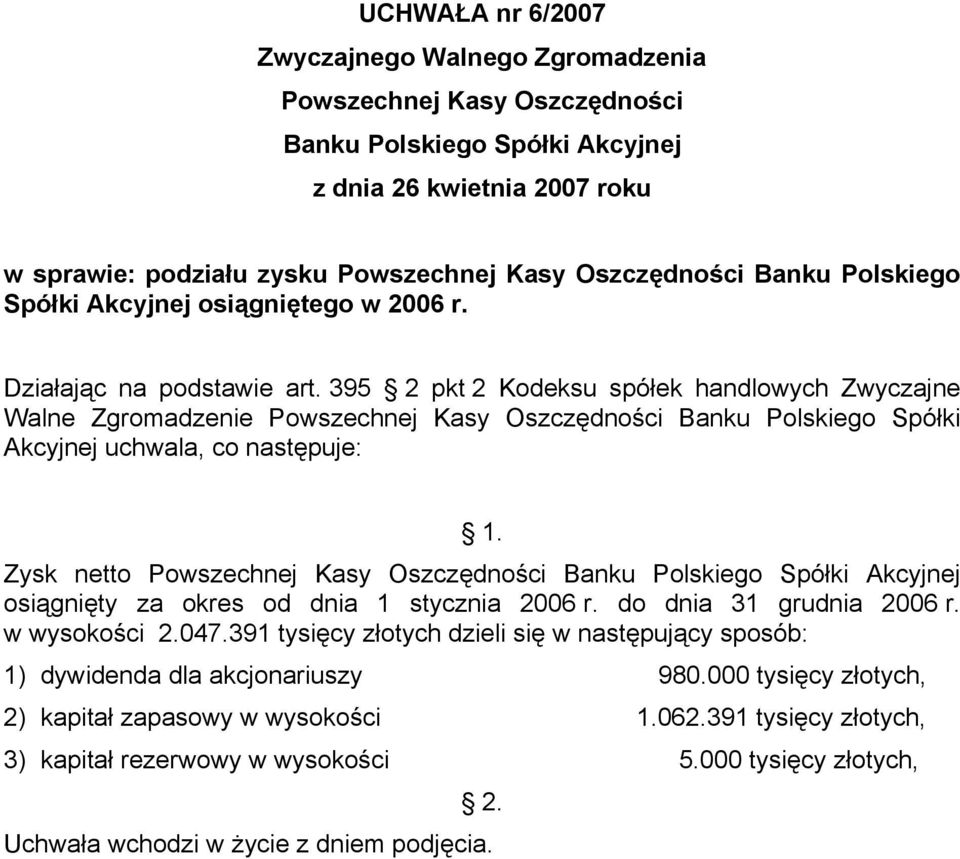 Zysk netto osiągnięty za okres od dnia 1 stycznia 2006 r. do dnia 31 grudnia 2006 r. w wysokości 2.047.