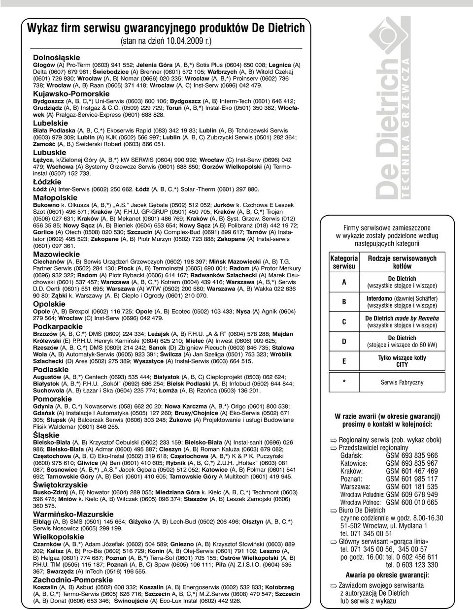 Czekaj (0601) 726 930; Wrocław (A, B) Nomar (0666) 020 235; Wrocław (A, B,*) Proinserv (0602) 736 738; Wrocław (A, B) Raan (0605) 371 418; Wrocław (A, C) Inst-Serw (0696) 042 479.