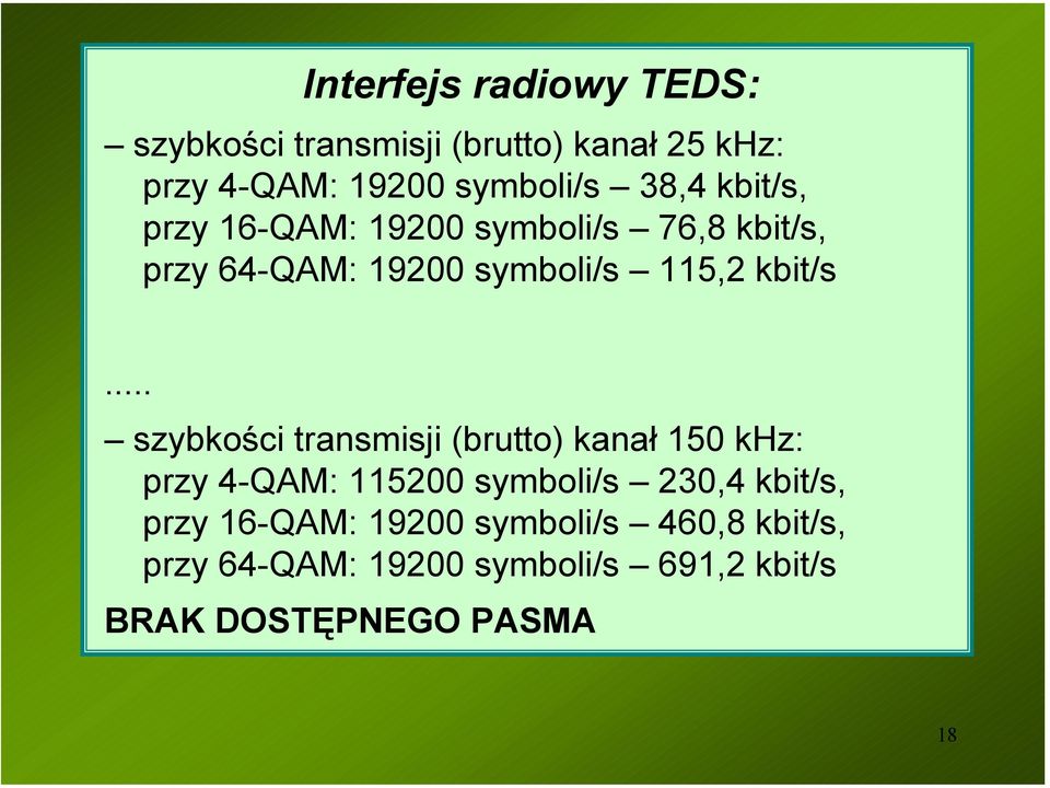 .. szybkości transmisji (brutto) kanał 150 khz: przy 4-QAM: 115200 symboli/s 230,4 kbit/s, przy