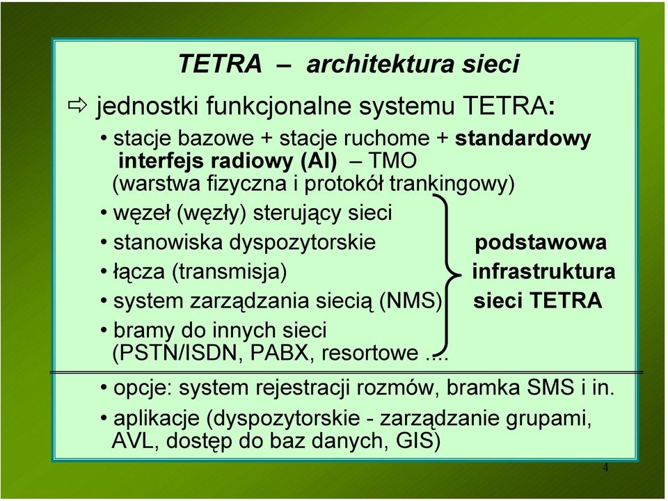 (transmisja) infrastruktura system zarządzania siecią (NMS) sieci TETRA bramy do innych sieci (PSTN/ISDN, PABX, resortowe.