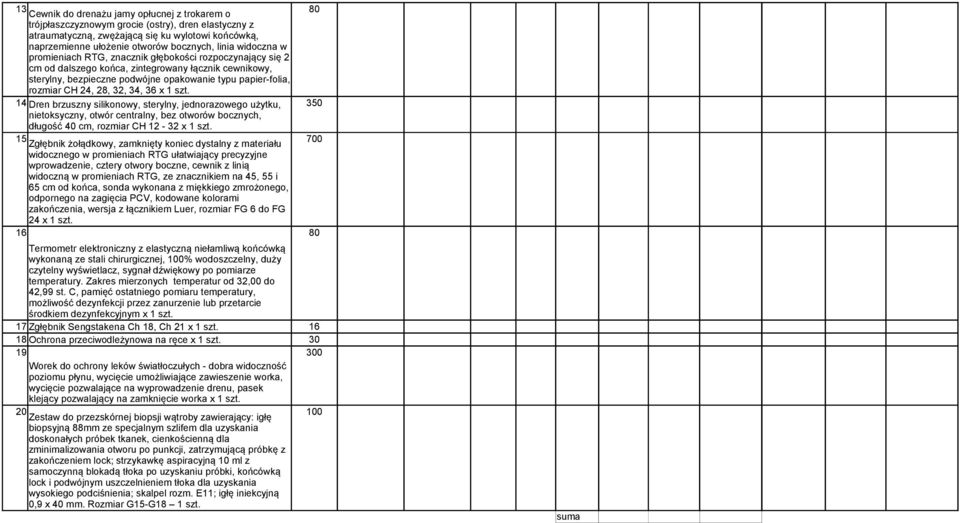 24, 28, 32, 34, 36 x 1 szt. 14 Dren brzuszny silikonowy, sterylny, jednorazowego użytku, 350 nietoksyczny, otwór centralny, bez otworów bocznych, długość 40 cm, rozmiar CH 12-32 x 1 szt.