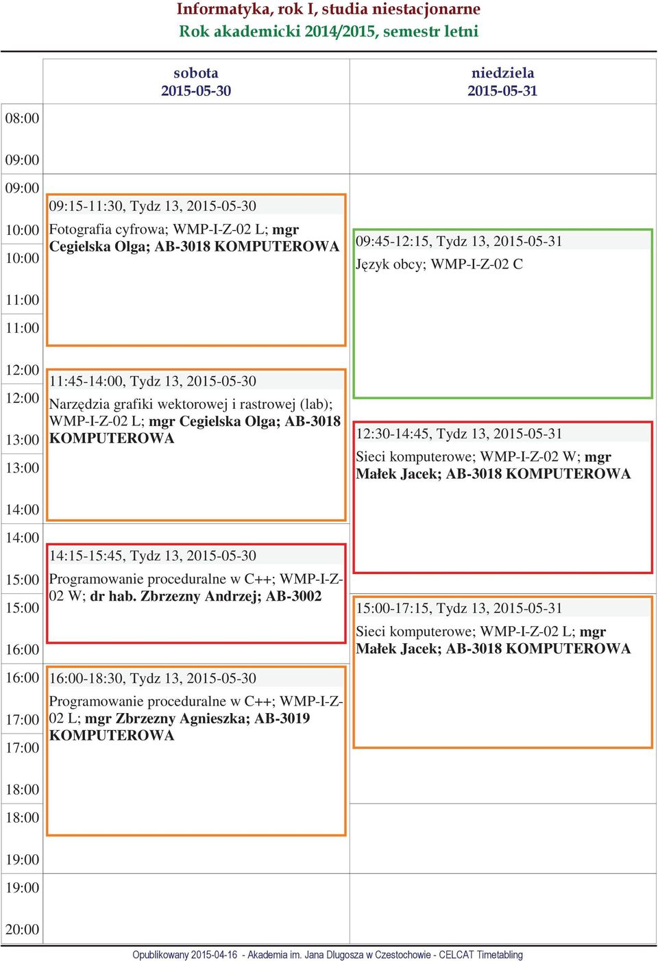 14:15-15:45, Tydz 13, 2015-05-30-18:30, Tydz 13, 2015-05-30 02 L; mgr Zbrzezny Agnieszka;