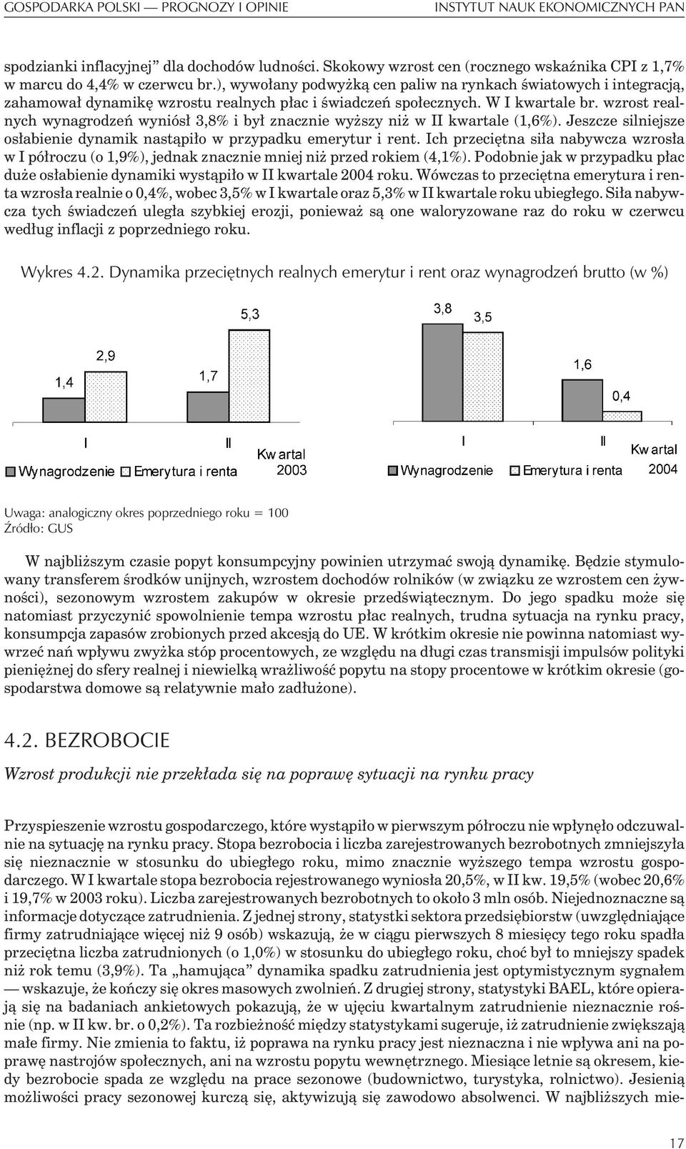 wzrost realnych wynagrodzeñ wyniós³ 3,8% i by³ znacznie wy szy ni w II kwartale (1,6%). Jeszcze silniejsze os³abienie dynamik nast¹pi³o w przypadku emerytur i rent.