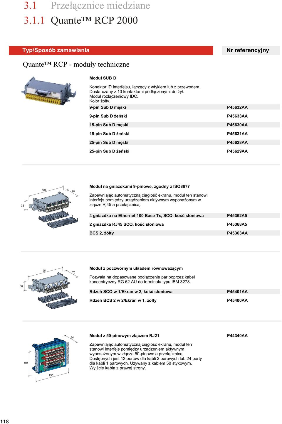 9-pin Sub D mêski 9-pin Sub D eñski 15-pin Sub D mêski 15-pin Sub D eñski 25-pin Sub D mêski 25-pin Sub D eñski P4562AA P456AA P4560AA P4561AA P45628AA P45629AA 2 125 67 Modu³ na gniazdkami 9-pinowe,