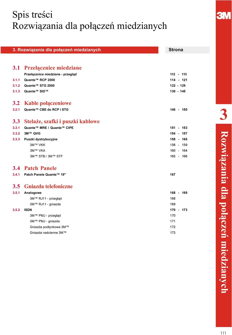 . Puszki dystrybucyjne 158-166 M VKK 158-159 M VKA 160-164 M STB / M STF 165-166.4 Patch Panele.4.1 Patch Panele Quante 19" 167.5 Gniazda telefoniczne.5.1 Analogowe 168-169 M RJ11 - przegl¹d 168 M RJ11 - gniazda 169.