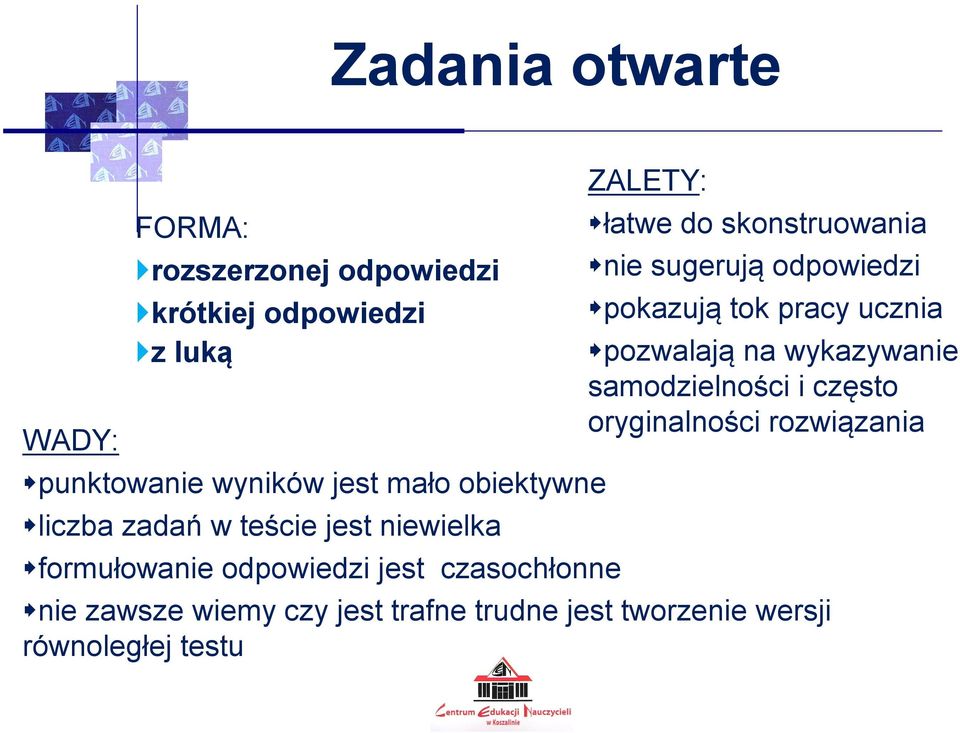 do skonstruowania nie sugerują odpowiedzi pokazują tok pracy ucznia pozwalają na wykazywanie samodzielności