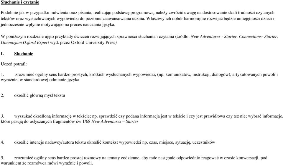 W poniższym rozdziale ujęto przykłady ćwiczeń rozwijających sprawności słuchania i czytania (źródło: New Adventures - Starter, Connections- Starter, Gimnazjum Oxford Expert wyd.